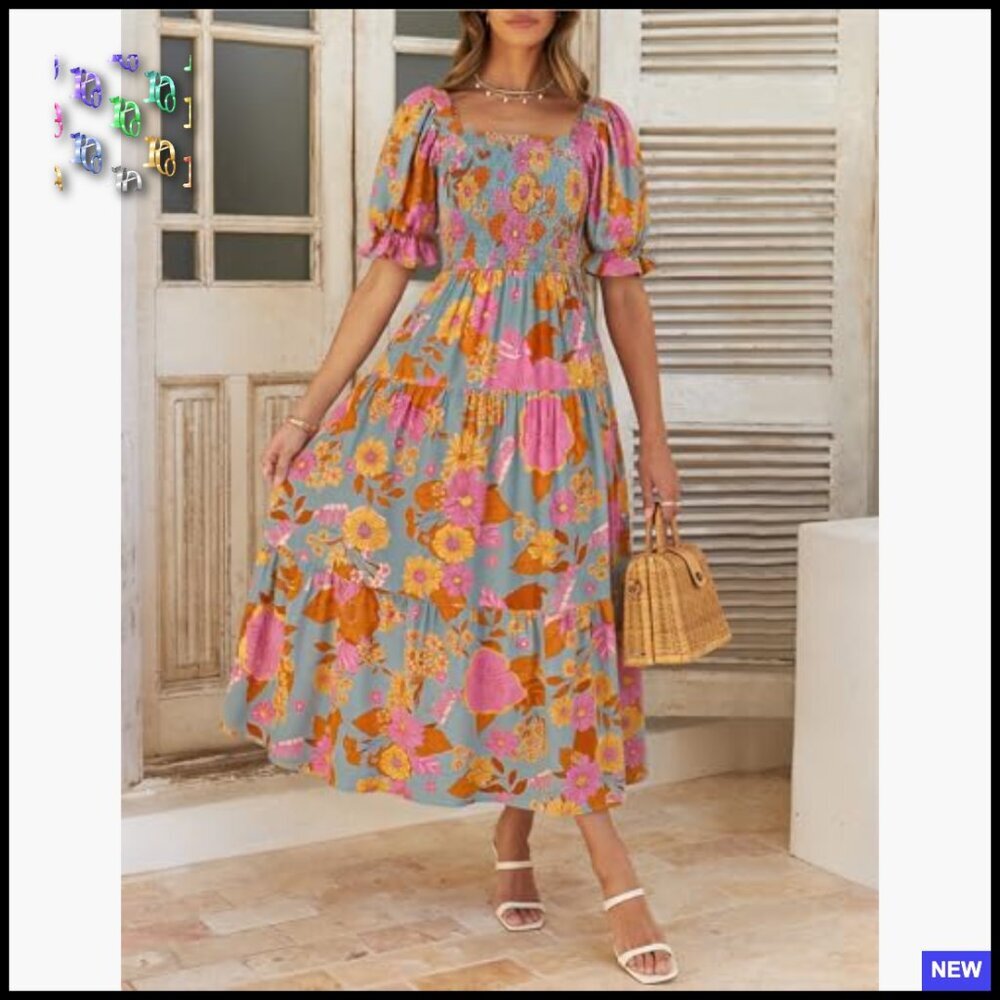 Boho Floral Maxi Dress Square Neck Ruffle Swing Summer Beach Casual Chic - Picture 3 of 7
